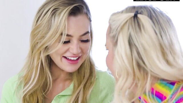 Blonde stepmom and friend smile intimately in threesome preview