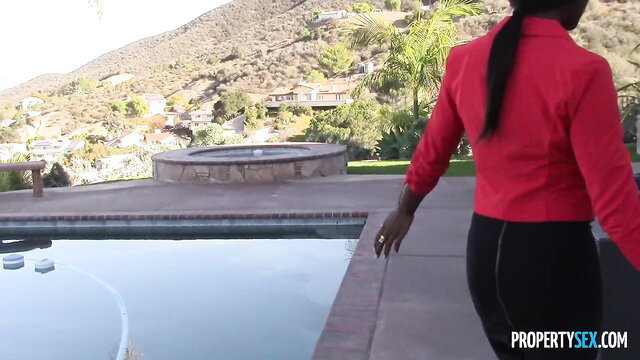 Ana Foxxx in red blazer black skirt by pool, Ebony babe POV tease