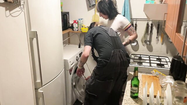 Innocent girl stuck in washing machine fucked by stranger in tight kitchen