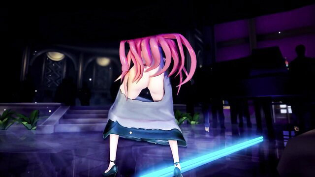 Pink-haired anime girl in gray dress bending over on stage, high heels