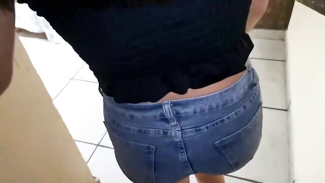 Latina amateur girlfriend's friend in tight denim shorts, sexy ass view