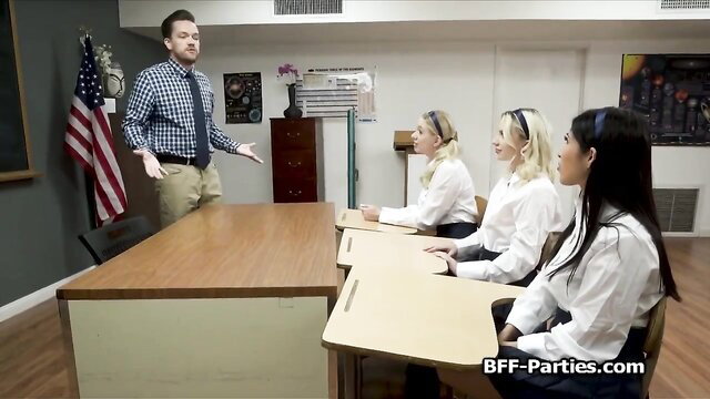 Teacher lectures 4 sexy coed besties in class, BBF Parties threesome tease