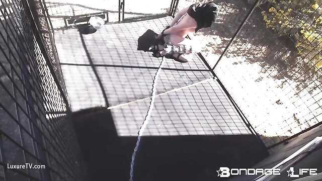 Rachel Greyhound hogtied outdoors in tight rope bondage