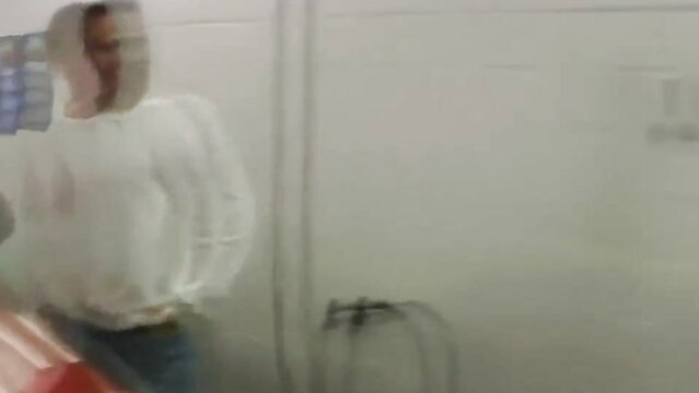 Amateur brunette BBW in hazmat suit in steamy bathroom