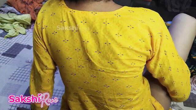 Sakshi Bhabi's yellow dress back view, sexy Indian desi amateur