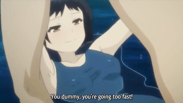 Anime girl in blue swimsuit peeking from sheet saying 'You're going too fast!'