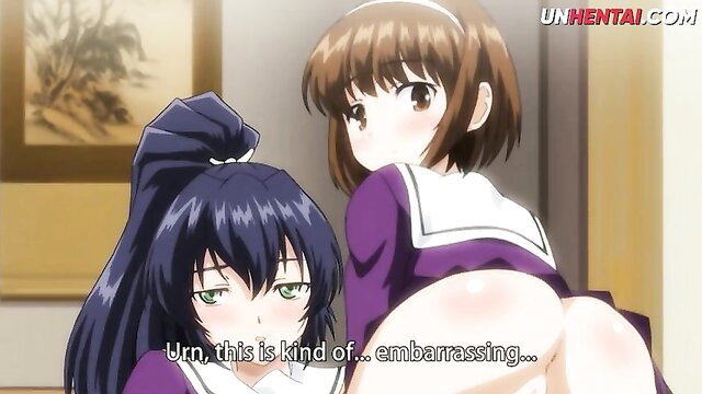 Embarrassed anime schoolgirls with big tits in tight uniforms