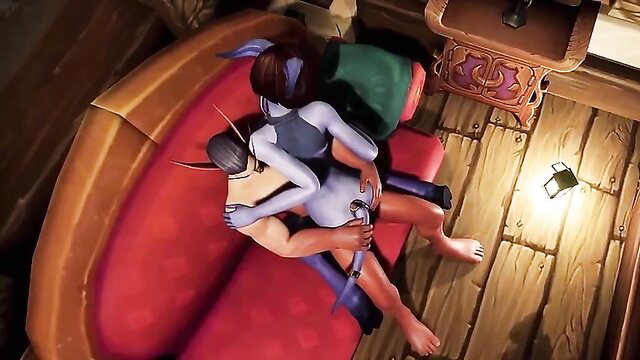 Elf and Draenei girl fucked from behind in hot Warcraft parody sex