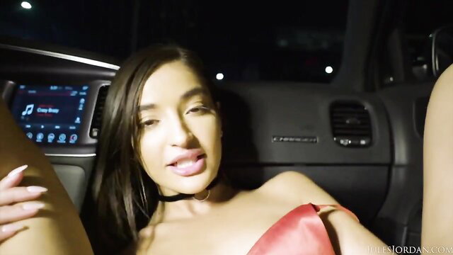 Emily Willis topless in car, seductive pose on wild ride