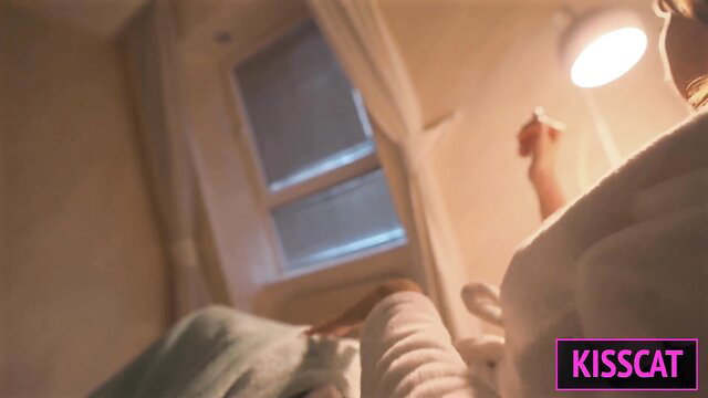 Hot stepmom in white robe rides stepson cowgirl in bed