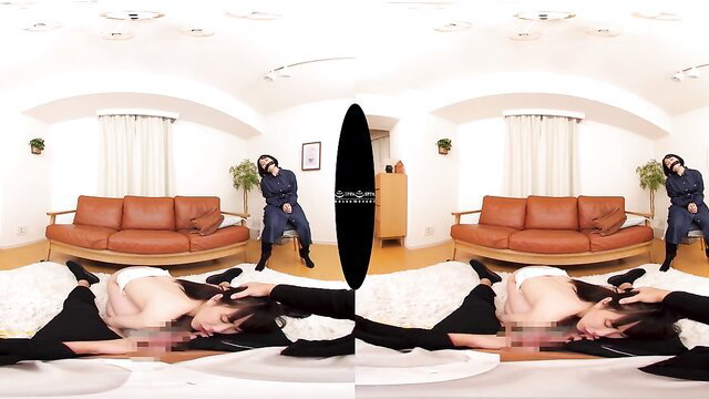 Asian hussy in dress teases nude man on floor in VR POV