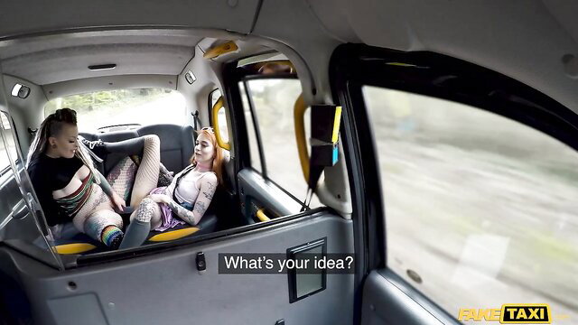 Two hot girls in skimpy lingerie fool around in Fake Taxi threesome ride