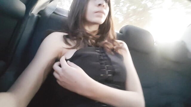 Misssweetteen in tight black dress, teasing in taxi cab