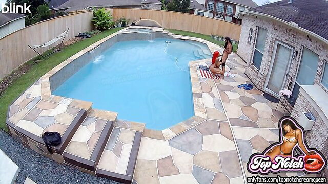 Hot black bikini babes by pool giving sloppy head to hunk, cum drops caught