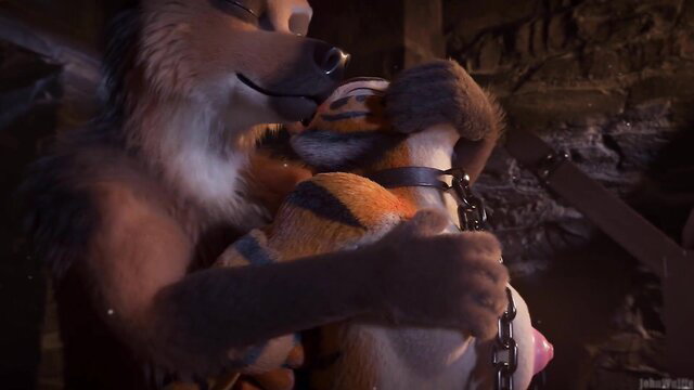 Anthro fox dominating chained tiger furry in kinky embrace