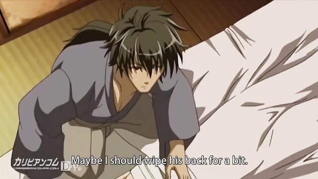 Samurai Hormone JAV guy in kimono leaning over bed, back wipe scene