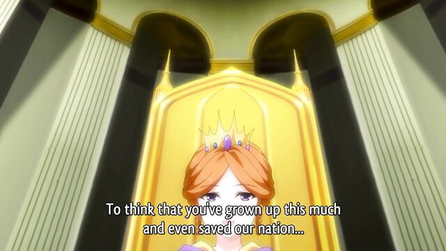 Anime queen in crown on throne praises grown-up savior in palace