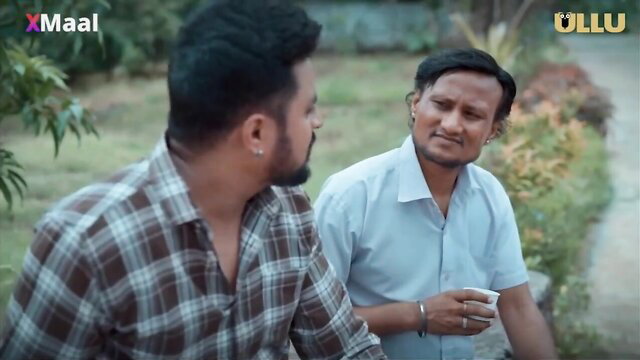 Hot Indian duo in casual shirts chatting outdoors, steamy webseries thumbnail