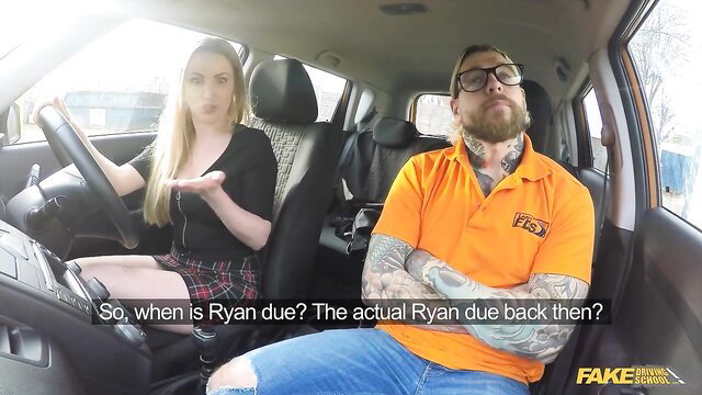 Blonde in plaid skirt asks bearded guy about Ryan in Fake Driving School car