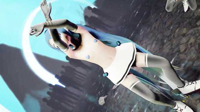 Hatsune Miku-like anime girl in skimpy skirt, thighhighs, dynamic pose