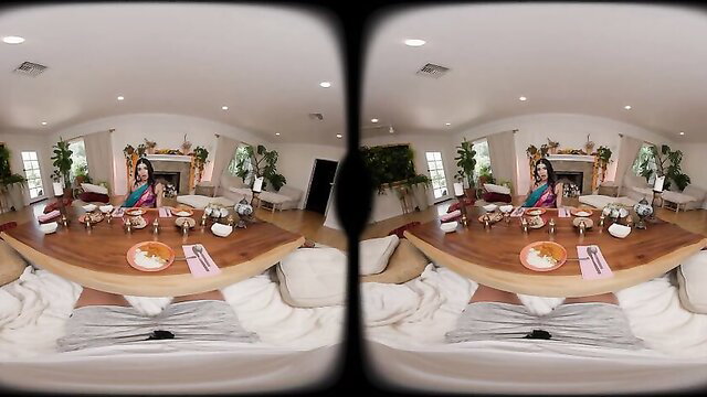 Gorgeous Indian cougar in saree at table, heart-stopping tease