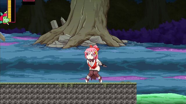 Pink-haired ninja girl in skimpy outfit with dagger in dark forest scene