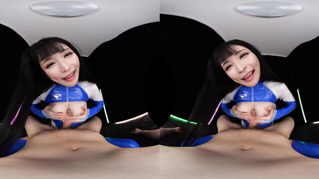 Asian VR POV closeup of smiling woman in blue zip suit fingering pussy