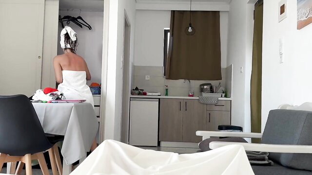 Sexy stepsister in white towel in hotel room, nude back view HD porn
