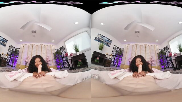 Spicy black mom deepthroating dildo in VR POV ecstasy