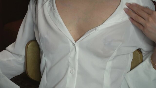 Annylean teases in deep cleavage white blouse, hot brunette petite teen