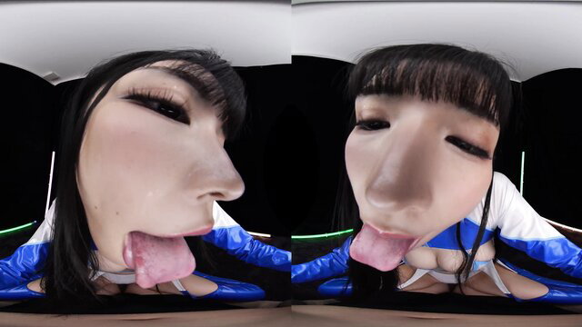 Asian VR JAV girl sticks out tongue in shiny blue lingerie closeup