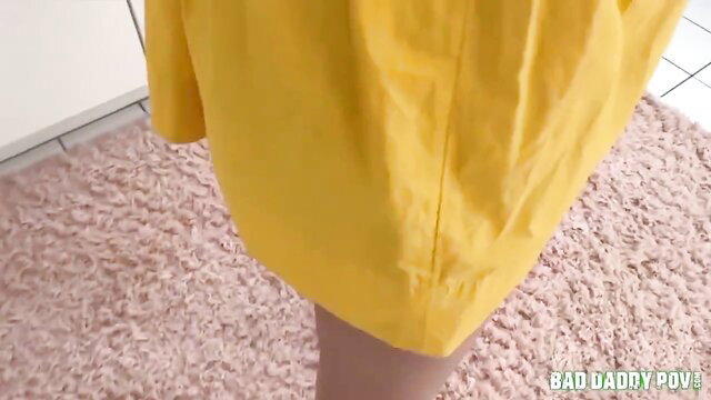 Stepdaughter in yellow dress no panties bends over in BadDaddyPOV