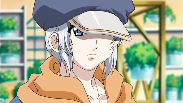 Angelium Ep.1 anime girl with silver hair, cap, orange coat closeup