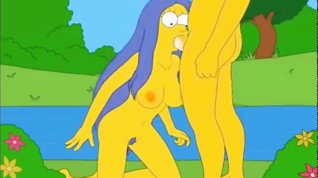 Marge Simpson nude blowjob on yellow cartoon man in woods