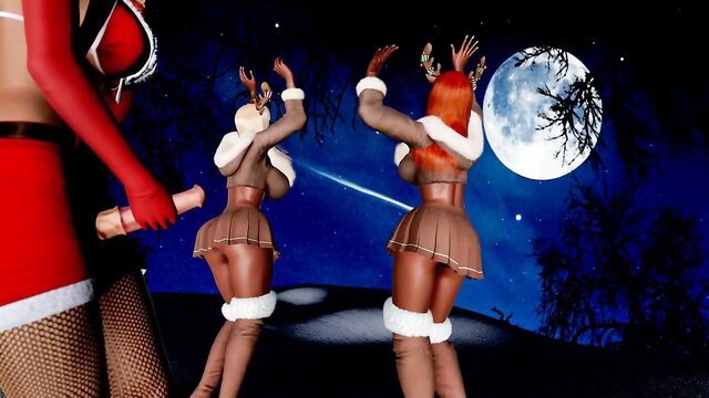 Santa fucking sexy furry reindeer girls in 3D porn under moonlight