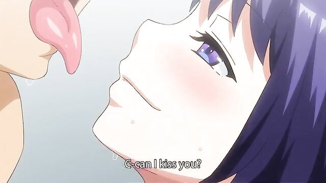 Anime hentai girl with tongue out asking 'Can I kiss you?' close-up
