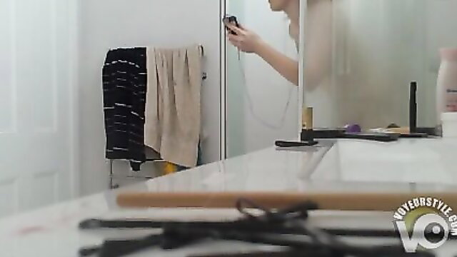 Amateur bushy woman showering nude in bathroom mirror selfie