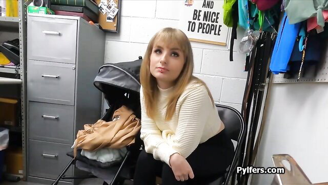 Blonde babe in sweater arrested with stolen dildos in workshop