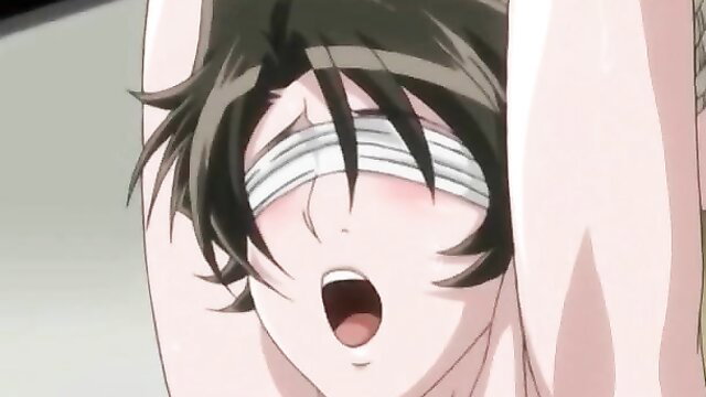 Blindfolded hentai mom with green hair gagged in bondage gangbang