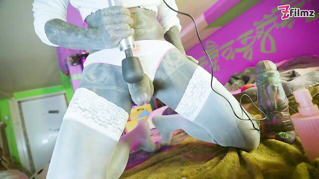 Tattooed TS solo anal CBT with massager on bound cock and toys