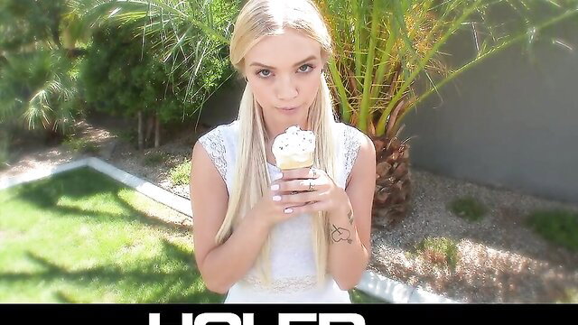 Alex Grey blonde babe in white dress holds ice cream outdoors