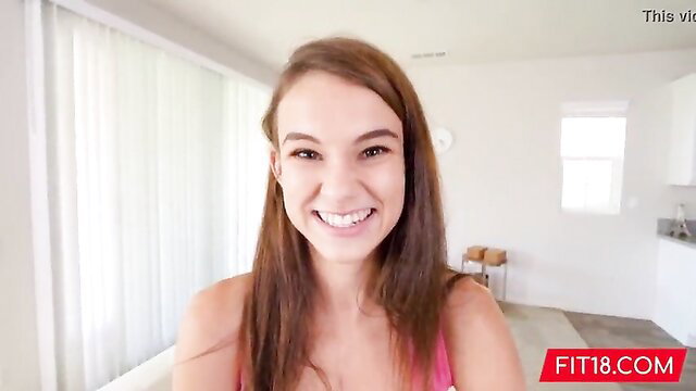 Petite smiling redhead in pink tank top on webcam, amateur home sex tease