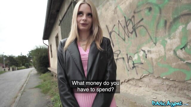 Naomi Love in tight pink dress and leather jacket asks spending money outdoors