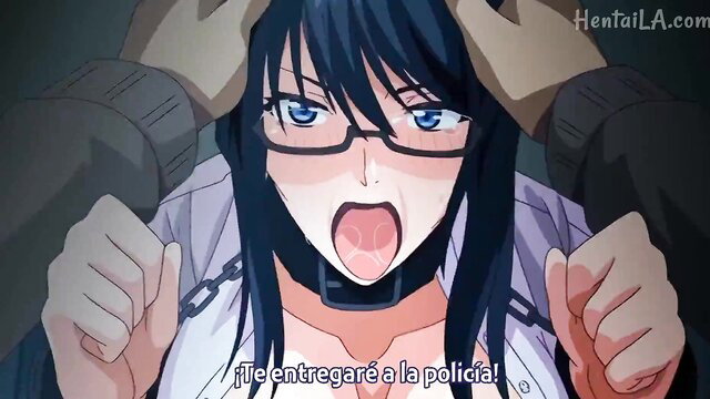 Black-haired glasses anime girl ahegao face chained in hentai scene