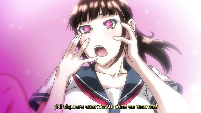 Shocked anime schoolgirl with pink eyes grabs face in JAV hypnosis scene