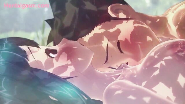 3D hentai threesome with blue-haired girl cuddling two men in summer bliss