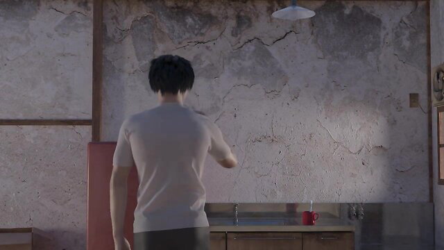 Back view of slim Asian male in tight shirt at sink in Super Horny Ghost 3D Hentai