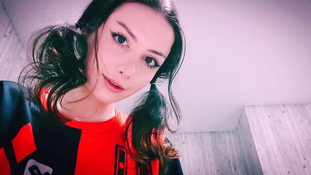 Cute black-haired girl in pigtails smiles close-up ASMR oiled handjob tease