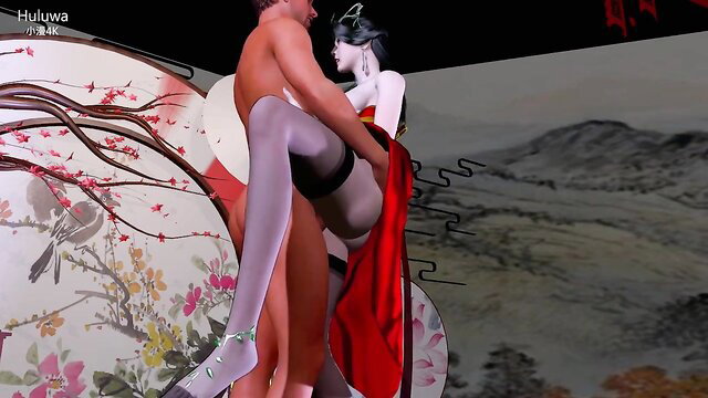 Nude man lifts Asian geisha in stockings for steamy 3D sex scene