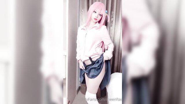 Meenfox pink-haired cosplay slut teases with skirt lift, thighhighs
